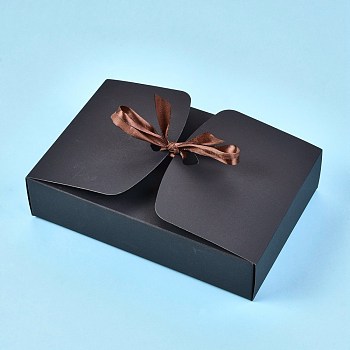 Kraft Paper Gift Box, Folding Boxes, with Ribbon, Bakery Cake Biscuits Box Container, Rectangle, Black, Unfold: 51.3x39.2x0.03cm, Finished Product: 21x14x5cm