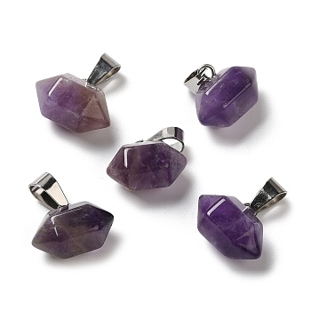 Natural Amethyst Pointed Pendants, Faceted Bullet Charms, with Platinum Tone Iron Snap on Bails, 12.5~13x15.5~17x9~10mm, Hole: 7x3.5mm
