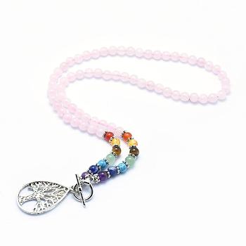 Tibetan Style Alloy Pendant Necklaces, with Natural Rose Quartz Beads and Toggle Clasps, Teardrop with Tree
, 21.2 inch(54cm)