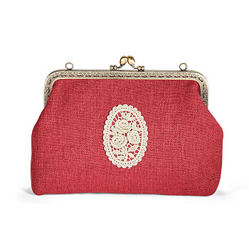 SHEGRACE Cotton and Linen Women Evening Bag, with Embroidered Lace Rose Flowers, Alloy Flower Purse Frame Handle, Alloy Twisted Curb Chain, Crimson, 180x220x60mm