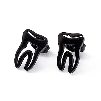 304 Stainless Steel Tooth Shape Stud Earrings for Men Women, Electrophoresis Black, 12.5x8.5mm, Pin: 0.7mm