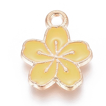 Alloy Pendants, with Enamel, Flower, Light Gold, Yellow, 15x12x1.5mm, Hole: 1.6mm