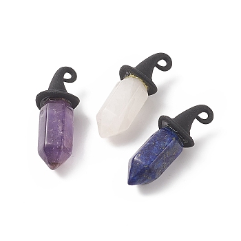 3Pcs Natural Mixed Gemstone Double Terminal Pointed Pendants, Faceted Bullet Charms, with Halloween Alloy 3D Magic Hat, 30x11mm, Hole: 1.5mm and 1.5x2mm