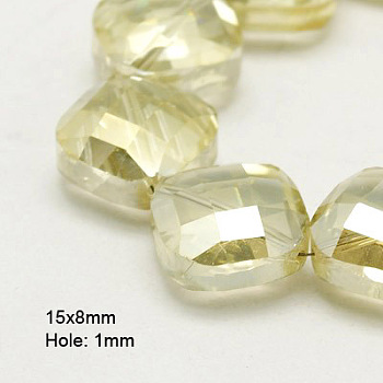 Electroplate Glass Beads Strands, Half Plated, Faceted, Square, Light Yellow, 15x15x8mm, Hole: 1mm