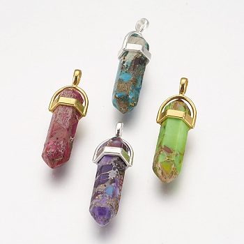 Synthetic Regalite/Imperial Jasper/Sea Sediment Jasper Pointed Pendants, with Brass Findings, Dyed, Bullet, Mixed Color, 35~41x12.8x10mm, Hole: 3x4mm