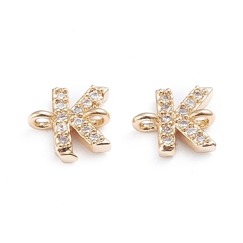 Brass Micro Pave Cubic Zirconia Links Connectors, Long-Lasting Plated, Letter, Clear, Real 18K Gold Plated, Letter.K, 7.8x8x2.8mm, Hole: 1.2mm