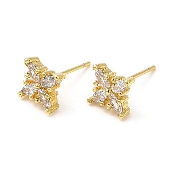 Rack Plating Brass Clover Stud Earrings with Cubic Zirconia, Lead Free & Cadmium Free, Real 18K Gold Plated, 8x8mm