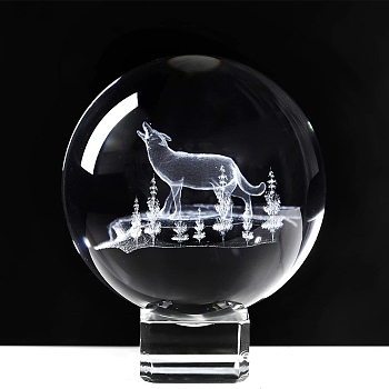 Inner Carving Glass Crystal Ball Diaplay Decoration, Fengshui Home Decor, Wolf, 60mm