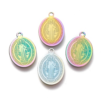 Ion Plating(IP) 304 Stainless Steel Pendants, Laser Cut, Oval, Saint Benedict Medal, Rainbow Color, 20.5x14x0.5mm, Hole: 1.2mm