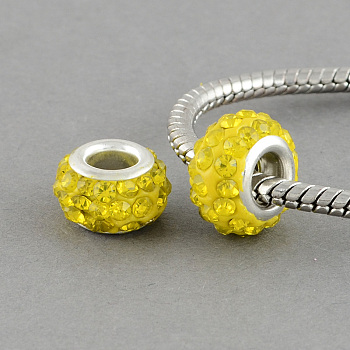 Polymer Clay Grade A Rhinestone Rondelle European Beads, with Double Brass Silver Color Plated Core, Large Hole Beads, Citrine, 12x7mm, Hole: 5mm