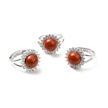 Natural Red Jasper Adjustable Rings, Platinum Tone Flower Brass Rhinestone Rings for Women, Cadmium Free & Lead Free, US Size 8(18.1mm), 2.5~8mm