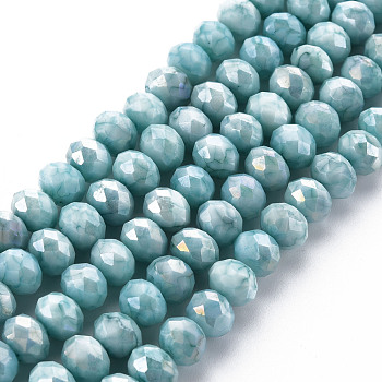 Opaque Baking Painted Glass Beads Strands, Imitation Stones, Faceted, AB Color Plated, Rondelle, Dark Turquoise, 8x6mm, Hole: 1.2mm, about 63~64pcs/strand, 15.87 inch~16.14 inch(40.3~41cm)