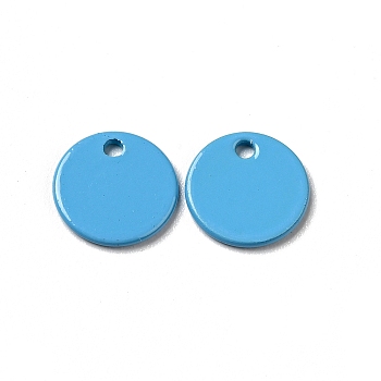 Spray Painted 201 Stainless Steel Charms, Flat Round Charms, Deep Sky Blue, 8.5x1mm, Hole: 1mm