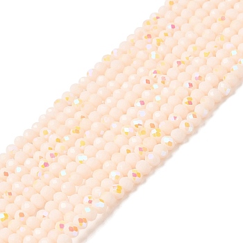 Electroplate Opaque Solid Color Glass Beads Strands, Half Rainbow Plated, Faceted, Rondelle, Misty Rose, 4x3mm, Hole: 0.4mm, about 123~127pcs/strand, 16.5~16.9 inch(42~43cm)