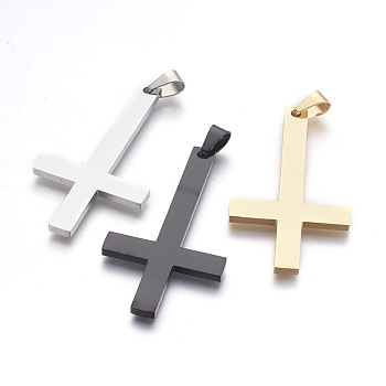 304 Stainless Steel Big Pendants, Inverted Cross, Mixed Color, 55x30x2.5mm, Hole: 4.5x7.5mm