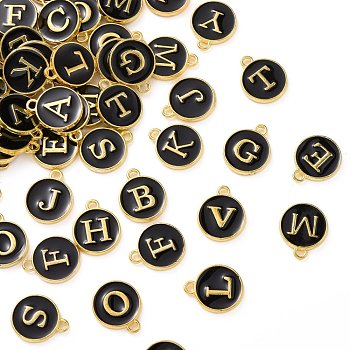 Alloy Enamel Charms, Cadmium Free & Lead Free, Enamelled Sequins, Flat Round, Random Mixed Letters, Golden, Black, 14x12x2mm, Hole: 1.5mm