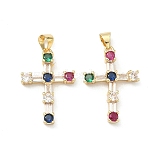 Brass Micro Pave Cubic Zirconia Pendants, Real 16K Gold Plated, Cross Charms, Colorful, 25.5x17.5x4.5mm, Hole: 5x3.5mm(KK-P350-25G-01)