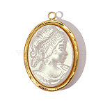 304 Stainless Steel with Resin Pendants, Ion Plating(IP), Oval with Woman Portrait Charms, Hand Polished, White, Real 18K Gold Plated, 23x15mm, Hole: 1.8mm(RE-OY001-04G)