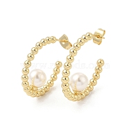 ABS Imitation Pearl Beaded Ring Stud Earrings, Brass Half Hoop Earrings for Women, Golden, 26.5x27x8mm, Pin: 0.8mm(EJEW-E275-02G)