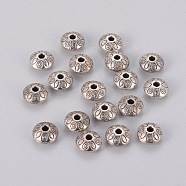 Tibetan Style Alloy Spacer Beads, Lead Free & Cadmium Free, Rondelle with Flower, Antique Silver, 9x9x6mm, Hole: 1.5mm(LF10978Y)