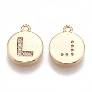 Brass Cubic Zirconia Charms, Flat Round with Letter, Nickel Free, Real 18K Gold Plated, Clear, Letter.L, 12x10x2mm, Hole: 1mm(KK-T038-194G-L)