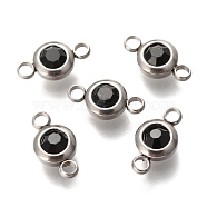 304 Stainless Steel Rhinestone Links Connectors, Flat Round, Stainless Steel Color, Jet, 12x6.5x4mm, Hole: 2mm(STAS-P237-17P-03)