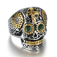 Two Tone 316 Surgical Stainless Steel Skull with Cross Finger Ring, Emerald Rhinestone Gothic Punk Jewelry for Men Women, Golden & Stainless Steel Color, US Size 11(20.6mm)(SKUL-PW0002-033E-GP)
