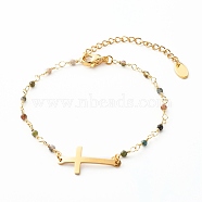 Cross Link Bracelet, Natural Tourmaline Beads Bracelet for Girl Women, Golden, 7-1/4 inch(18.5cm)(BJEW-JB06865-02)