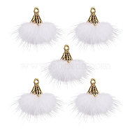 Faux Mink Fur Tassel Pendant Decorations, with Antique Golden Alloy Findings, White, 20~30x28~30mm, Hole: 1.8mm(FIND-YW0002-24D)