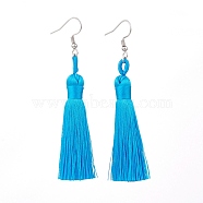 Polyester Tassel Earrings, with 304 Stainless Steel Earring Hooks, Stainless Steel Color, Deep Sky Blue, 82mm, Pin: 0.6mm(EJEW-JE04452-03)