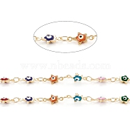 Handmade Brass Link Chains, with Enamel and Spool, Soldered, Long-Lasting Plated, Star with Evil Eye, Real 18K Gold Plated, 10.5~11x5.5x2.5mm, about 32.8 Feet(10m)/roll(CHC-D026-06G)