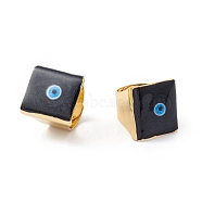 Square Enamel with Evil Eye Wide Band Finger Rings, Real 18K Gold Plated Brass Adjustable Rings for Women Men, Black, 18.5mm, Inner Diameter: 17mm(RJEW-A014-02G-08)