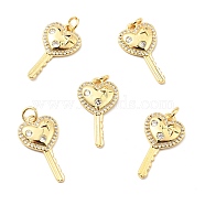 Brass Micro Pave Cubic Zirconia Pendants, with Jump Ring, Real 18K Gold Plated, Long-Lasting Plated, Lead Free & Cadmium Free & Nickel Free, Heart Key, Clear, 23x12.5x3mm, Jump Ring: 5x1mm, 3mm Inner Diameter(KK-E015-24G)