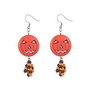 Synthetic Turquoise Pumpkin Dangle Earrings with Seed Beaded, 316 Surgical Stainless Steel Jewelry for Halloween, Orange Red, 70mm, Pin: 0.7mm(EJEW-TA00237)