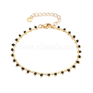 Glass Charm Bracelets, with Brass Curb Chains, 304 Stainless Steel Heart Charms & Lobster Claw Clasps, Real 18K Gold Plated, Black, 7-1/2 inch(19cm)(BJEW-JB05600-02)