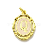 Brass Pendants, with Enamel, Oval with Letter, Real 18K Gold Plated, with Jump Ring, Letter Q, 20x15~15.5x2mm, Hole: 3.5mm(KK-C088-01G-17)