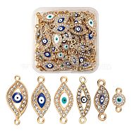 60Pcs 6 Style Light Gold Plated Alloy Links, with Crystal Rhinestone and Enamel, Evil Eye & Flat Round with Evil Eye, Mixed Color, 13.5~27x7.5~12.5x2~3.5mm, Hole: 1.4~2mm, 10pcs/style(ENAM-LS0001-80)