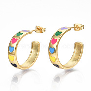 Brass Enamel Stud Earrings, Half Hoop Earrings, with Ear Nuts, Nickel Free, Ring with Heart, Real 16K Gold Plated, Colorful, 23.5x6mm, Pin: 0.8mm(EJEW-T014-02G-NF)