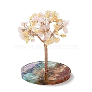 Natural Rose Quartz & Natural Yellow Quartz Chips Tree Decorations, Resin Base Copper Wire Feng Shui Energy Stone Gift for Home Desktop Decoration, 81x115~118mm(DJEW-M012-03C)