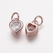 Brass Micro Pave Grade AAA Cubic Zirconia Charms, Lead Free & Nickel Free & Cadmium Free, Heart, Real Rose Gold Plated, 9x6.5x4mm, Hole: 3mm(ZIRC-K059-10RG-NR)