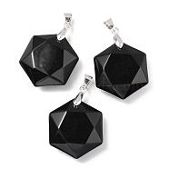 Faceted Natural Black Agate Pendants, with Platinum Tone Brass Findings, Hexagon, 28x25x9mm, Hole: 4x5mm(G-F340-03A)