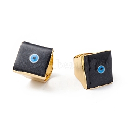 Square Enamel with Evil Eye Wide Band Finger Rings, Real 18K Gold Plated Brass Adjustable Rings for Women Men, Black, 18.5mm, Inner Diameter: 17mm(RJEW-A014-02G-08)