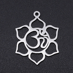 201 Stainless Steel Pendants, Laser Cut Pendants, Flower with Aum/Om Symbol, Stainless Steel Color, 25x19.5x1mm, Hole: 1.5mm(STAS-T054-JN781-1)
