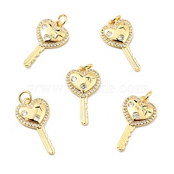 Brass Micro Pave Cubic Zirconia Pendants, with Jump Ring, Real 18K Gold Plated, Long-Lasting Plated, Lead Free & Cadmium Free & Nickel Free, Heart Key, Clear, 23x12.5x3mm, Jump Ring: 5x1mm, 3mm Inner Diameter(KK-E015-24G)