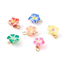 Handmade Polymer Clay Links Connectors, with Golden Brass Findings, Frangipani Flower, Mixed Color, 12~13x16~18x8~9mm, Hole: 1.8~3mm(PALLOY-JF00689)