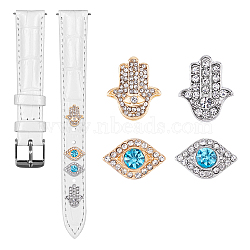4Pcs 4 Style Alloy Hamsa Hand & Evil Eyes Watch Band Studs, Metal Nails for Watch Loops Accesssories, Platinum & Golden, 0.9~1.3x1~1.4cm, 1Pc/style(FIND-DC0004-73)