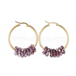 304 Stainless Steel Hoop Earrings, with Faceted Glass Beads, Golden, Purple, 12 Gauge, 42x33x2mm, Pin: 0.8x1.2mm(EJEW-JE03572-02)