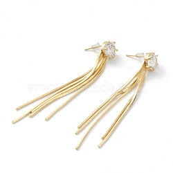 Brass Snake Chain Tassel Earrings, with Cubic Zirconia, Steel Pin and Plastic Ear Nuts, Long-Lasting Plated, Real 18K Gold Plated, 66x8x5mm, Pin: 0.8mm(EJEW-A056-40G)