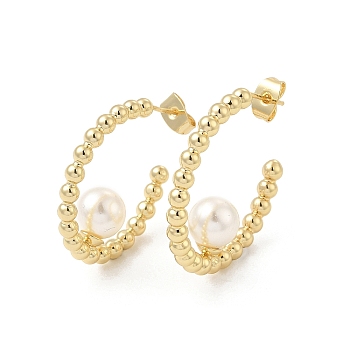 ABS Imitation Pearl Beaded Ring Stud Earrings, Brass Half Hoop Earrings for Women, Golden, 26.5x27x8mm, Pin: 0.8mm