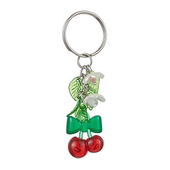 Fruits & Leaf Acrylic Pendant Keychain, with Iron Keychain Ring, Cherry, 7.8cm, pendant: 23x13.5x12mm